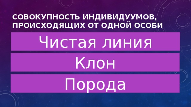 Совокупность индивидуумов, происходящих от одной особи Чистая линия Клон Порода