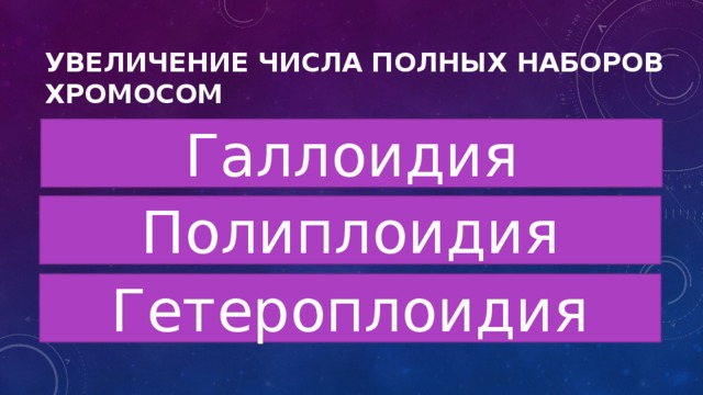 Увеличение числа полных наборов хромосом Галлоидия Полиплоидия Гетероплоидия