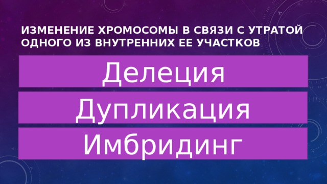 Изменение хромосомы в связи с утратой одного из внутренних ее участков Делеция Дупликация Имбридинг