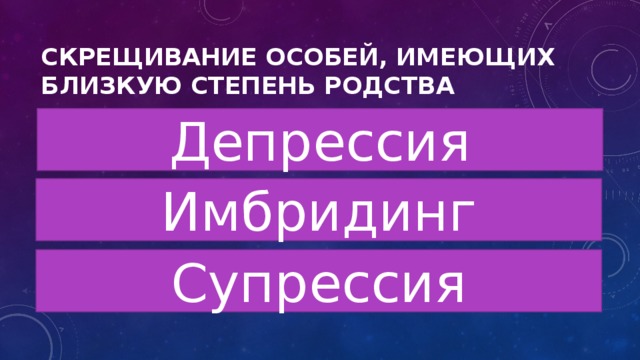 Скрещивание особей, имеющих близкую степень родства Депрессия Имбридинг Супрессия