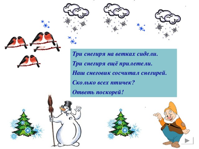 Три снегиря на ветках сидели. Три снегиря ещё прилетели. Наш снеговик сосчитал снегирей. Сколько всех птичек? Ответь поскорей!