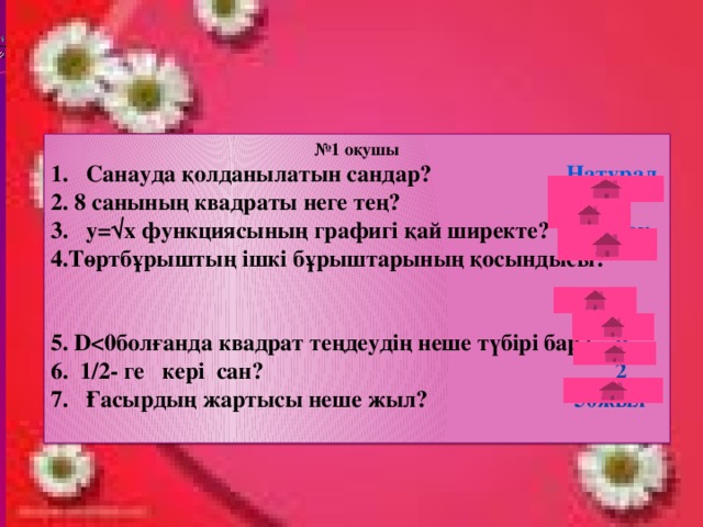 № 1 оқушы Санауда қолданылатын сандар? Натурал 2. 8 санының квадраты неге тең? 64 у=√x функциясының графигі қай ширекте? І ширек 4.Төртбұрыштың ішкі бұрыштарының қосындысы?  360º 5. D 0 6. 1/2- ге кері сан? 2 7. Ғасырдың жартысы неше жыл? 50жыл