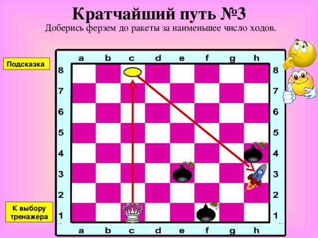 Кратчайший путь №2 Доберись ферзем до ракеты за наименьшее число ходов. Подсказка К выбору тренажера