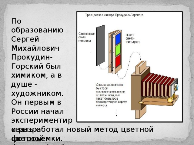 По образованию Сергей Михайлович Прокудин-Горский был химиком, а в душе - художником. Он первым в России начал экспериментировать с цветной фотографией и разработал новый метод цветной фотосъемки.