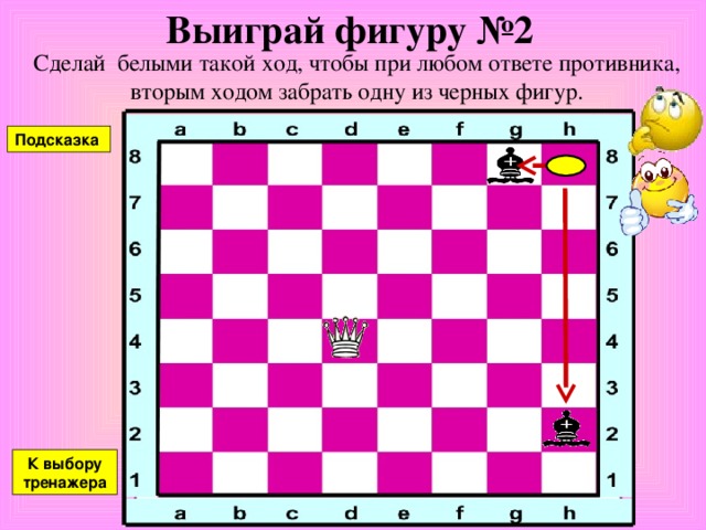 Выиграй фигуру №1 Сделай белыми такой ход, чтобы при любом ответе противника, вторым ходом забрать одну из черных фигур. Подсказка К выбору тренажера