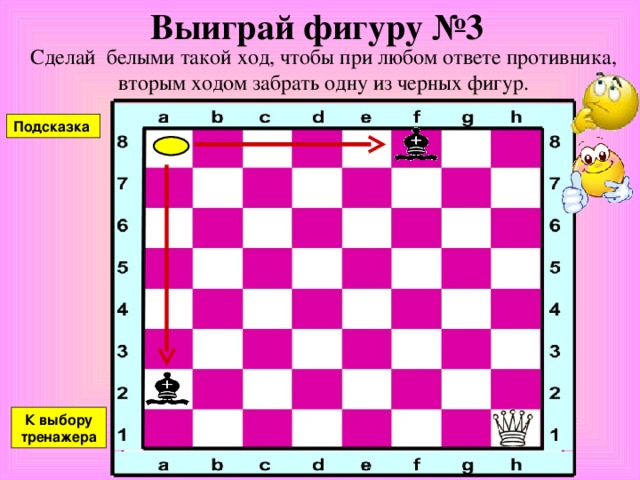 Выиграй фигуру №2 Сделай белыми такой ход, чтобы при любом ответе противника, вторым ходом забрать одну из черных фигур. Подсказка К выбору тренажера