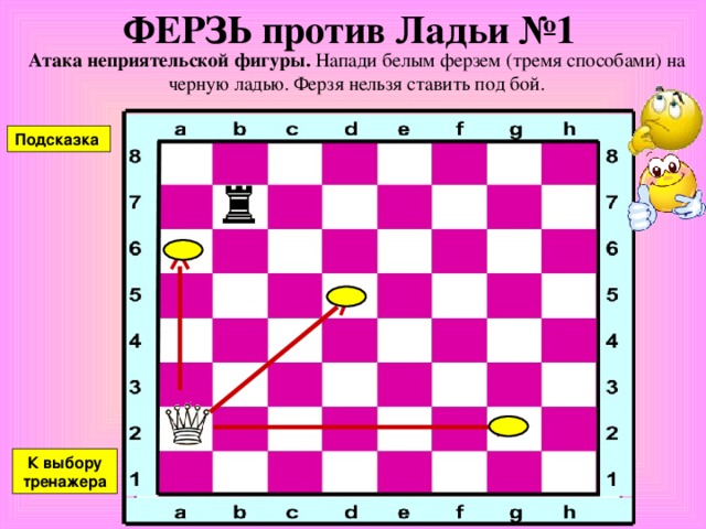 Тренажеры Ферзь против Слона  Ферзь против Ладьи  2 3 4 1 5 1 3 2 Двойной удар  Взятие  3 4 2 1 5 4 3 2 1 6 5 6 Перехитри часовых  Выиграй фигуру  1 5 7 6 2 3 4 5 6 1 2 3 4