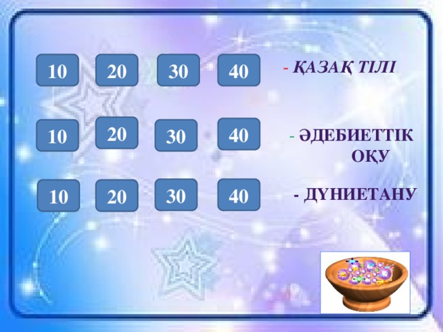 - Қазақ тілі 30 20 10 40 20 40 10 30 - Әдебиеттік оқу 40 30 20 10 - Дүниетану