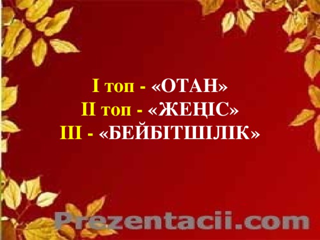 I топ - «ОТАН»  II топ - «ЖЕҢІС»  III - «БЕЙБІТШІЛІК»