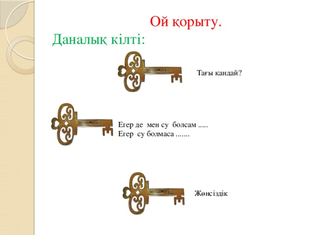 Ой қорыту.  Даналық кілті: Тағы қандай? Егер де мен су болсам ..... Егер су болмаса ....... Жөнсіздік