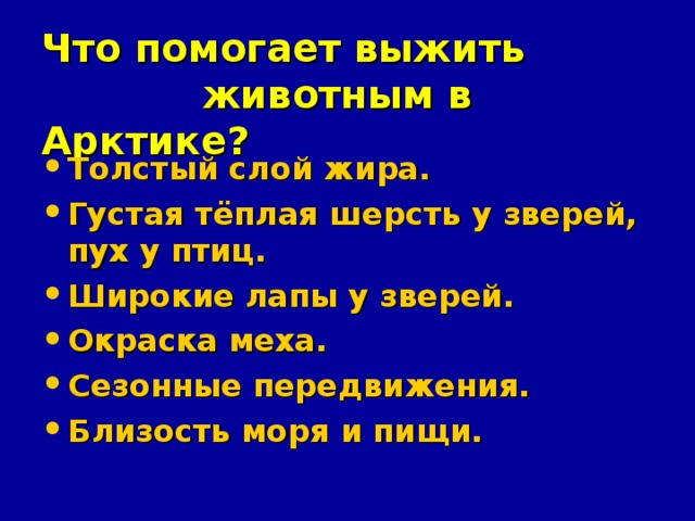 Что помогает выжить  животным в Арктике?