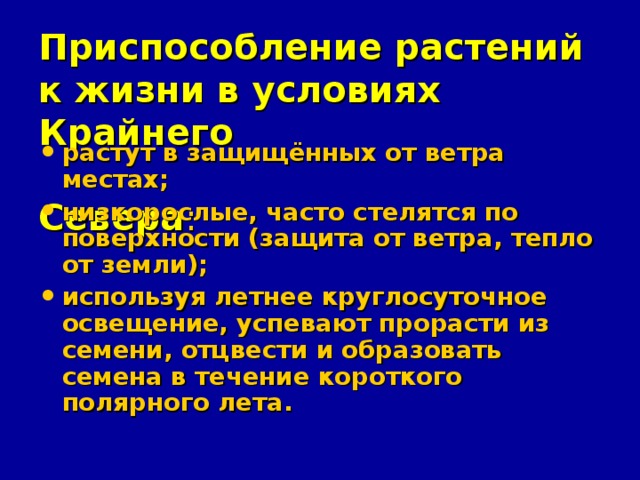 Приспособление растений к жизни в условиях Крайнего  Севера : растут в защищённых от ветра местах; низкорослые, часто стелятся по поверхности (защита от ветра, тепло от земли); используя летнее круглосуточное освещение, успевают прорасти из семени, отцвести и образовать семена в течение короткого полярного лета.