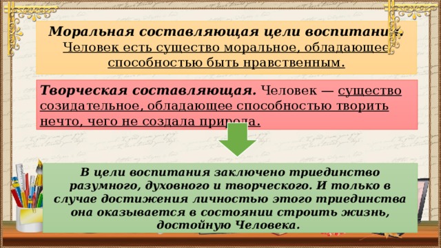 Моральная составляющая цели воспитания. Человек есть существо моральное, обладающее способностью быть нравственным. Творческая составляющая. Человек — существо созидательное, обладающее способностью творить нечто, чего не создала природа. В цели воспитания заключено триединство разумного, духовного и творческого. И только в случае достижения личностью этого триединства она оказывается в состоянии строить жизнь, достойную Человека.