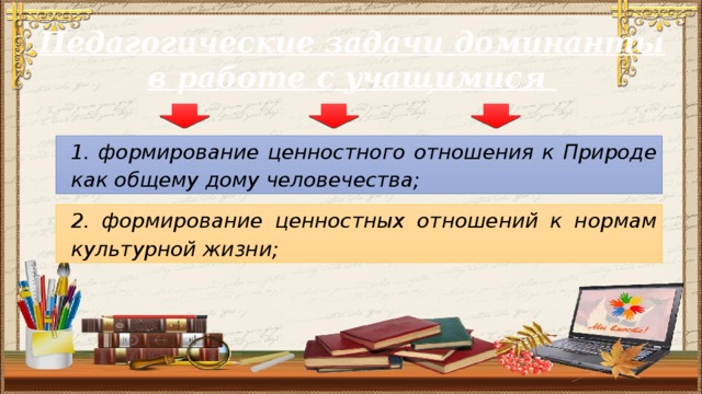 Педагогические задачи доминанты в работе с учащимися 1. формирование ценностного отношения к Природе как общему дому человечества; 2. формирование ценностных отношений к нормам культурной жизни;