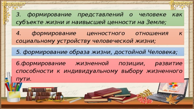 3. формирование представлений о человеке как субъекте жизни и наивысшей ценности на Земле; 4. формирование ценностного отношения к социальному устройству человеческой жизни; 5. формирование образа жизни, достойной Человека; 6.формирование жизненной позиции, развитие способности к индивидуальному выбору жизненного пути.