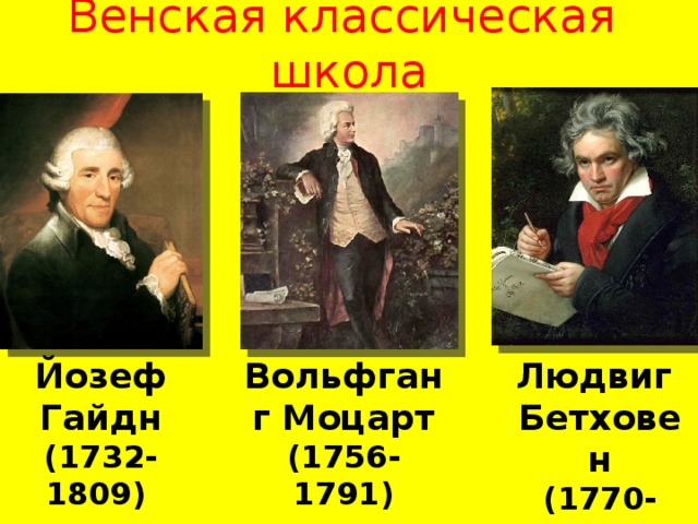 Венская классическая школа Йозеф Гайдн Вольфганг Моцарт Людвиг Бетховен (1732-1809) (1756-1791) (1770-1827)