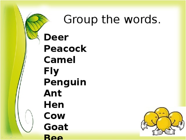 Group the words. Deer Peacock Camel Fly Penguin Ant Hen Cow Goat Bee Sheep Goose Mosquito Budgie