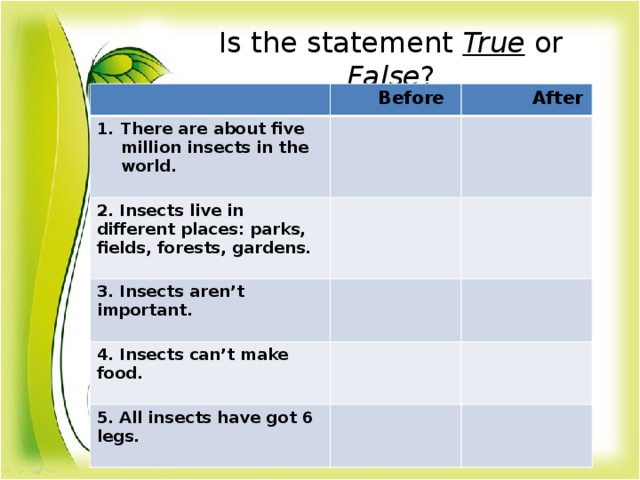 Is the statement True or False ?  Before There are about five million insects in the world.  After 2. Insects live in different places: parks, fields, forests, gardens. 3. Insects aren’t important. 4. Insects can’t make food. 5. All insects have got 6 legs.