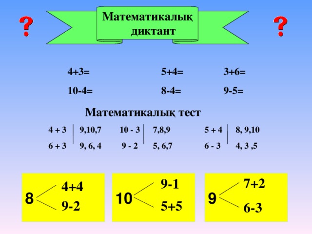 Математикалық диктант  4+3 =    5+4=   3+6=  10-4=    8-4=   9-5=   Математикалы қ тест 4 + 3  9,10,7  10 - 3  7,8,9   5 + 4 8, 9,10 6 + 3  9, 6, 4  9 - 2  5, 6,7   6 - 3  4, 3 ,5 7+2 9  9-1 8  10 4+4 9-2 5+5 6-3