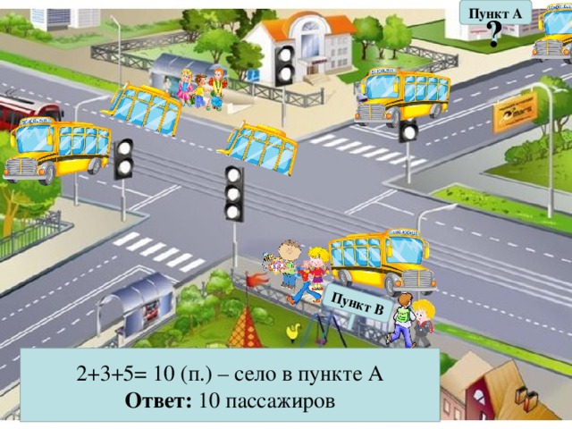 Пункт А Пункт В ? 2+3+5= 10 (п.) – село в пункте А Ответ: 10 пассажиров