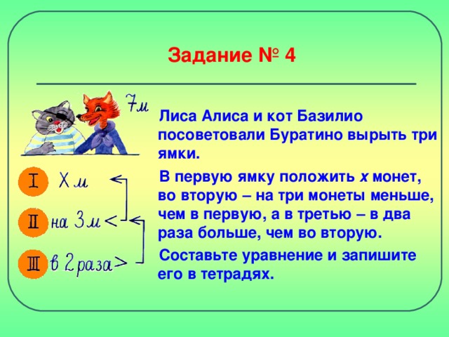 Задание № 4  Лиса Алиса и кот Базилио посоветовали Буратино вырыть три ямки. В первую ямку положить х монет, во вторую – на три монеты меньше, чем в первую, а в третью – в два раза больше, чем во вторую. Составьте уравнение и запишите его в тетрадях.