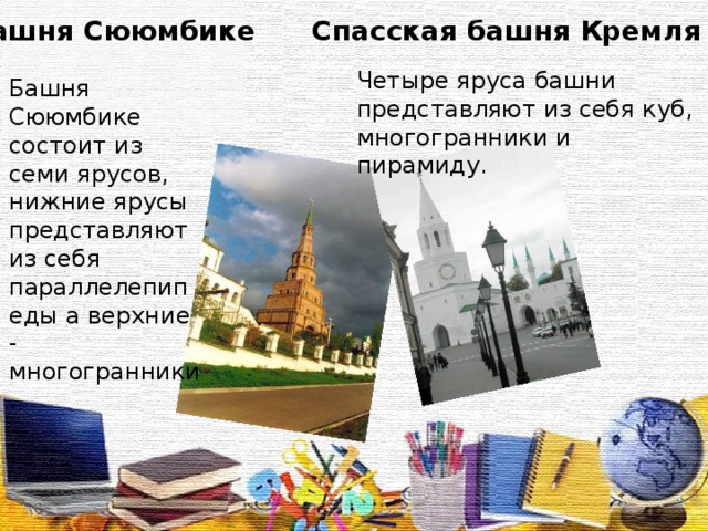 Башня Сююмбике Спасская башня Кремля Четыре яруса башни представляют из себя куб, многогранники и пирамиду. Башня Сююмбике состоит из семи ярусов, нижние ярусы представляют из себя параллелепипеды а верхние - многогранники.