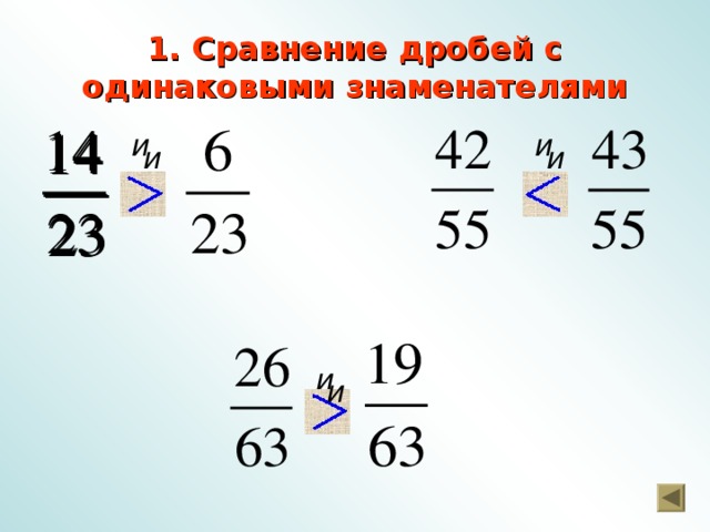 1. Сравнение дробей с одинаковыми знаменателями  и и      и  и и      и