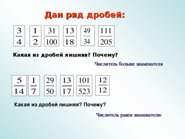 Дан ряд дробей:  Какая из дробей лишняя? Почему? Числитель больше знаменателя Какая из дробей лишняя? Почему?  Числитель равен знаменателю