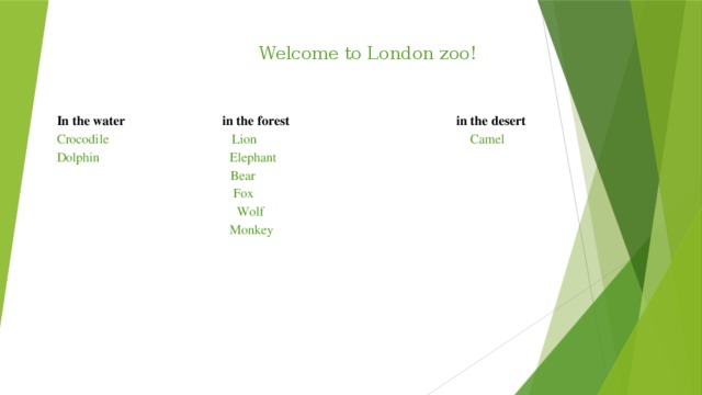 Welcome to London zoo!     In the water in the forest  in the desert Crocodile Lion Camel Dolphin Elephant  Bear  Fox  Wolf  Monkey