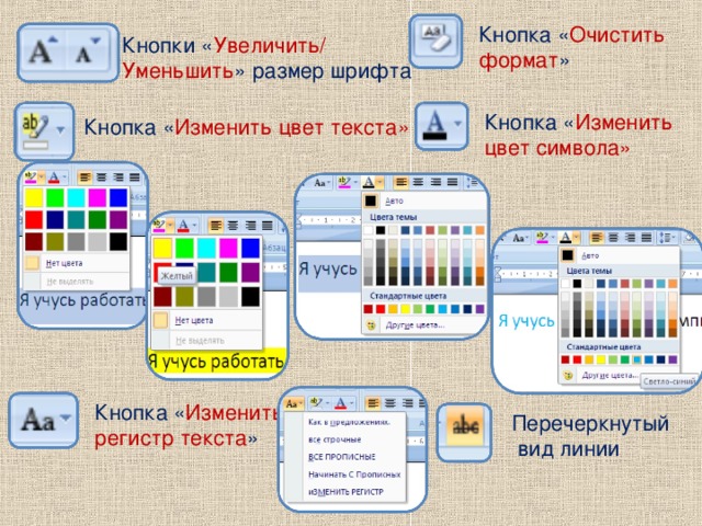 Кнопка « Очистить формат » Кнопки « Увеличить / Уменьшить » размер шрифта Кнопка « Изменить цвет символа» Кнопка « Изменить цвет текста»  Кнопка « Изменить регистр текста » Перечеркнутый  вид линии