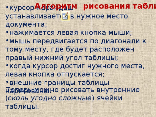 Алгоритм рисования таблицы курсор-карандаш устанавливается в нужное место документа; нажимается левая кнопка мыши; мышь передвигается по диагонали к тому месту, где будет расположен правый нижний угол таблицы; когда курсор достиг нужного места, левая кнопка отпускается; внешние границы таблицы нарисованы. Теперь можно рисовать внутренние ( сколь угодно сложные ) ячейки таблицы.