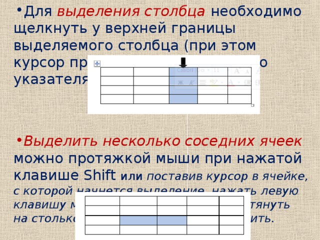 Для выделения столбца  необходимо щелкнуть у верхней границы выделяемого столбца (при этом курсор приобретает вид жирного указателя).    Выделить несколько соседних ячеек  можно протяжкой мыши при нажатой клавише Shift или поставив курсор в ячейке, с которой начнется выделение, нажать левую клавишу мышки и не отпуская ее, протянуть на столько ячеек, сколько надо выделить.