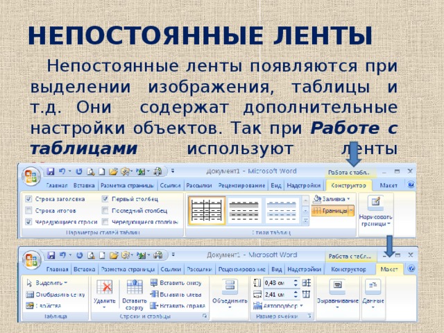 НЕПОСТОЯННЫЕ ЛЕНТЫ  Непостоянные ленты появляются при выделении изображения, таблицы и т.д. Они содержат дополнительные настройки объектов. Так при Работе с таблицами используют ленты Конструктор и Макет