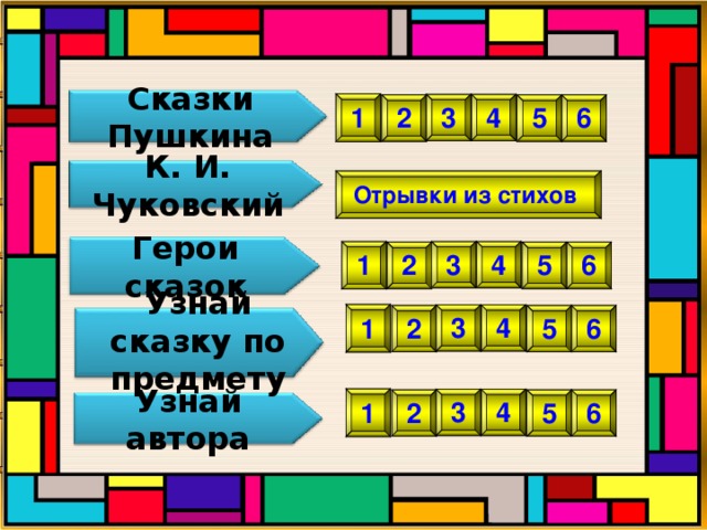 Сказки Пушкина 1 3 4 5 6 2 К. И. Чуковский Отрывки из стихов Герои сказок 3 4 1 5 2 6 1 3 4 Узнай сказку по предмету 5 6 2 1 3 4 2 5 6 Узнай автора