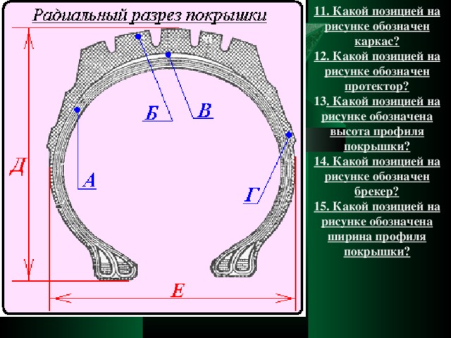 11. Какой позицией на рисунке обозначен каркас? 12. Какой позицией на рисунке обозначен протектор? 13 . Какой позицией на рисунке обозначена высота профиля покрышки? 14. Какой позицией на рисунке обозначен брекер? 15. Какой позицией на рисунке обозначена ширина профиля покрышки?