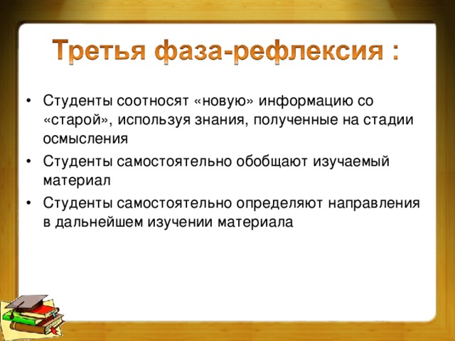 Студенты соотносят «новую» информацию со «старой», используя знания, полученные на стадии осмысления Студенты самостоятельно обобщают изучаемый материал Студенты самостоятельно определяют направления в дальнейшем изучении материала