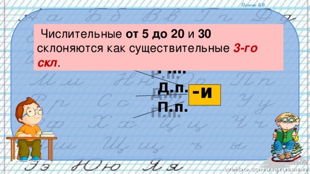 Числительные от 5 до 20 и 30 склоняются как существительные 3-го скл .  Р.п.  Д.п.  П.п. -и