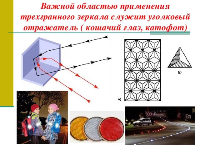 Важной областью применения трехгранного зеркала служит уголковый отражатель ( кошачий глаз, катофот)