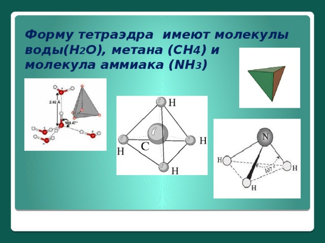 Форму тетраэдра имеют молекулы воды(Н 2 О), метана (СН 4 ) и молекула аммиака (NH 3 )