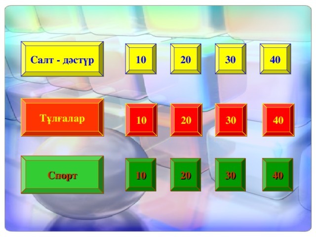 Салт - дәстүр 10 20 30 40 Тұлғалар 10 20 30 40 Спорт 1 0 2 0 3 0 4 0