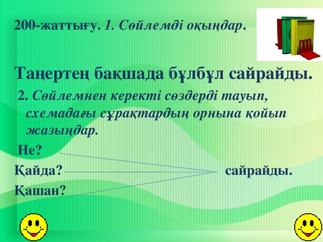 200-жаттығу. 1. Сөйлемді оқыңдар .    Таңертең бақшада бұлбұл сайрайды.   2. Сөйлемнен керекті сөздерді тауып, схемадағы сұрақтардың орнына қойып жазыңдар.   Не? Қайда? сайрайды. Қашан? 