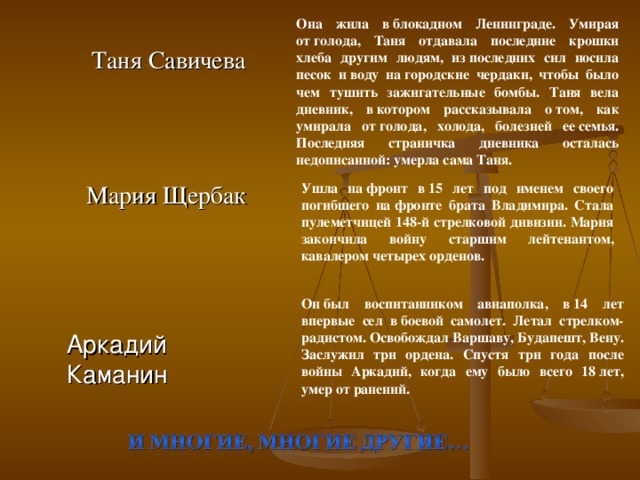 Она жила в блокадном Ленинграде. Умирая от голода, Таня отдавала последние крошки хлеба другим людям, из последних сил носила песок и воду на городские чердаки, чтобы было чем тушить зажигательные бомбы. Таня вела дневник, в котором рассказывала о том, как умирала от голода, холода, болезней ее семья. Последняя страничка дневника осталась недописанной: умерла сама Таня. Таня Савичева  Мария Щербак Ушла на фронт в 15 лет под именем своего погибшего на фронте брата Владимира. Стала пулеметчицей 148-й стрелковой дивизии. Мария закончила войну старшим лейтенантом, кавалером четырех орденов. Он был воспитанником авиаполка, в 14 лет впервые сел в боевой самолет. Летал стрелком-радистом. Освобождал Варшаву, Будапешт, Вену. Заслужил три ордена. Спустя три года после войны Аркадий, когда ему было всего 18 лет, умер от ранений.  Аркадий Каманин