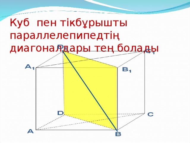 Куб пен тікбұрышты параллелепипедтің диагоналдары тең болады 