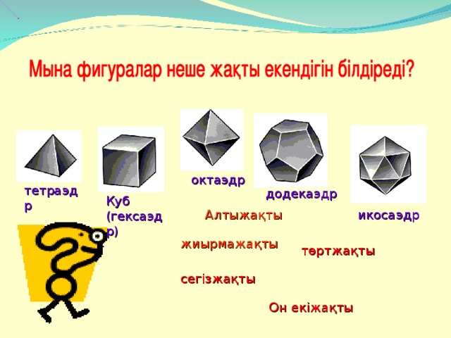 октаэдр тетраэдр додекаэдр Куб (гексаэдр) икосаэдр Алтыжақты жиырмажақты төртжақты сегізжақты Он екіжақты 