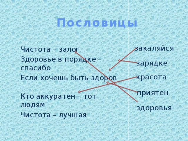 Пословицы закаляйся Чистота – залог Здоровье в порядке – спасибо Если хочешь быть здоров – Кто аккуратен – тот людям Чистота – лучшая зарядке красота приятен здоровья 