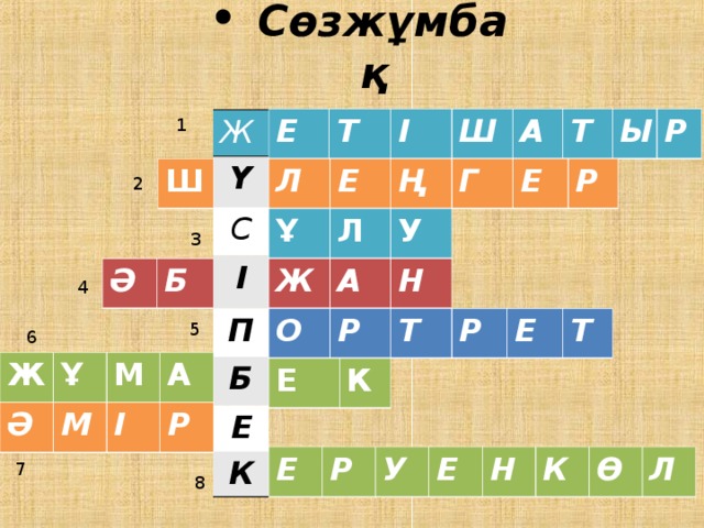 Сөзжұмбақ Е Т І Ш А Т Ы Р 1 Ж Ү С І П Б Е К Ш Л Е Ң Г Е Р 2 Ұ Л У 3 Ә Ж Б А Н 4 О Р Т Р Е Т 5 6 Ж Ұ М А Е К Ә М І Р Е Р У Е Н К Ө Л 7 8 