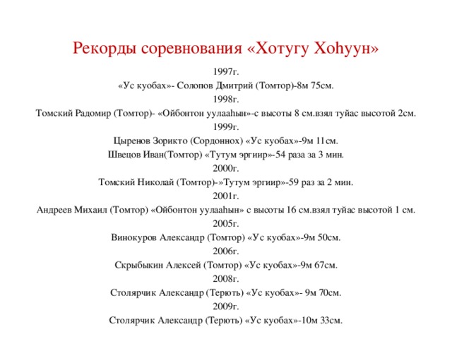 Рекорды соревнования «Хотугу Хоhуун» 1997г. «Ус куобах»- Солопов Дмитрий (Томтор)-8м 75см. 1998г. Томский Радомир (Томтор)- «Ойбонтон уулааhын»-с высоты 8 см.взял туйас высотой 2см. 1999г. Цыренов Зорикто (Сордоннох) «Ус куобах»-9м 11см. Швецов Иван(Томтор) «Тутум эргиир»-54 раза за 3 мин. 2000г. Томский Николай (Томтор)-»Тутум эргиир»-59 раз за 2 мин. 2001г. Андреев Михаил (Томтор) «Ойбонтон уулааhын» с высоты 16 см.взял туйас высотой 1 см. 2005г. Винокуров Александр (Томтор) «Ус куобах»-9м 50см. 2006г. Скрыбыкин Алексей (Томтор) «Ус куобах»-9м 67см. 2008г. Столярчик Александр (Терють) «Ус куобах»- 9м 70см. 2009г. Столярчик Александр (Терють) «Ус куобах»-10м 33см. 