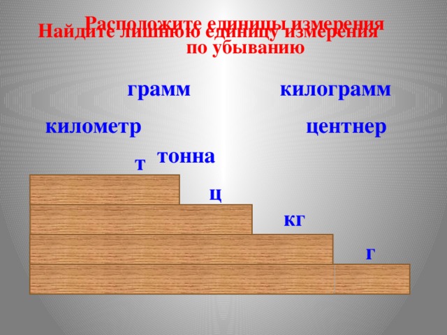 Расположите единицы измерения  по убыванию Найдите лишнюю единицу измерения килограмм грамм центнер километр тонна т ц кг г 