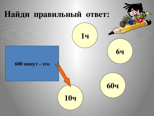 Найди правильный ответ: 1ч 6ч 600 минут - это 60ч 10ч 