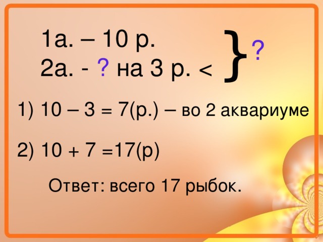 } 1а. – 10 р. 2а. - ? на 3 р. ? 1) 10 – 3 = 7(р.) – во 2 аквариуме 2) 10 + 7 =17(р) Ответ: всего 17 рыбок. 